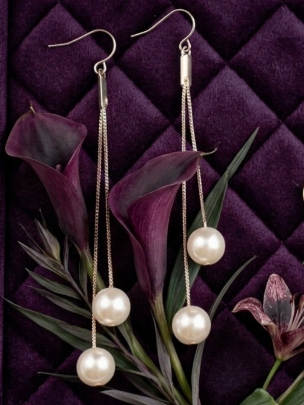Swarovski Pearl Rose Gold 4 Inch Long Drop Earrings -